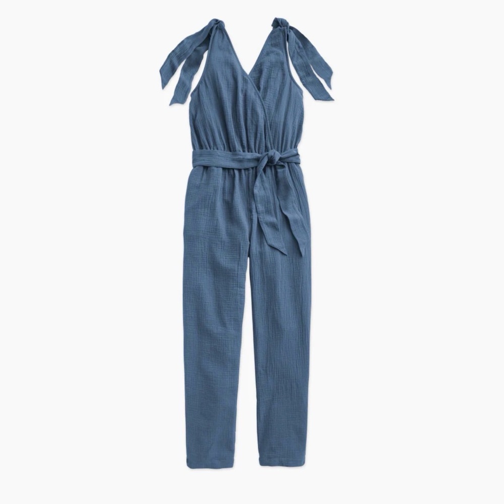Summersalt's Going Places Gauze Jumpsuit with tie shoulders Cyprus Blue